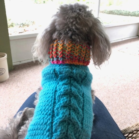 Hand Crafted Knit Turquoise Pet Jacket Fur Baby Clothes Cat Dog Sweater Coat - Picture 7 of 9